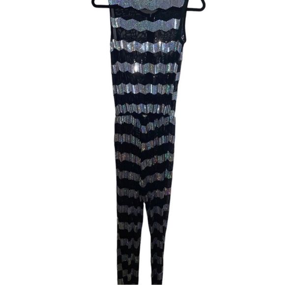 Gia mia ADULT SMALL SILVER SEQUINED STRIPED MESH PERFORMANCE DANCE JUMPER • BNWT - Picture 3 of 12
